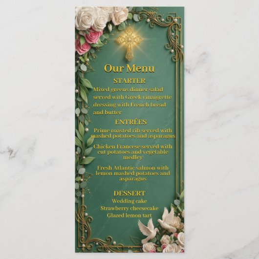 Menu Croix dorée verte émeraude Mariage chrétien (Devant)