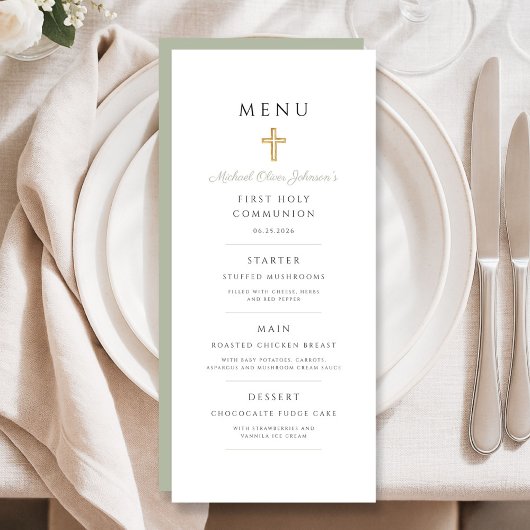 Menu Croix Religieuse Vert Sauge Garçon Première Commun
