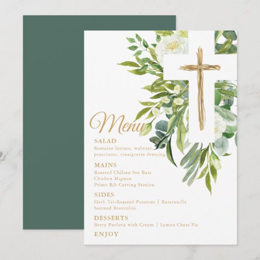 Menu Croix végétale florale Baptême élégant (Devant / Derrière)