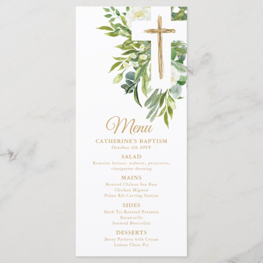 Menu Croix végétale florale Baptême élégant (Devant)