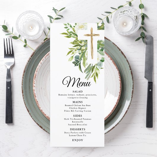 Menu Croix végétale florale Baptême élégant