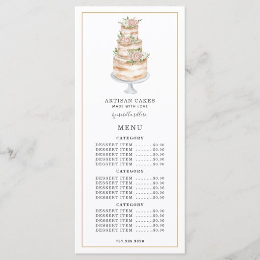 Menu Cuisine pâtissière Aquarelle Rose Floral Gâteau (Devant)