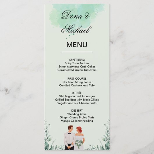 Menu Custom green watercolor flowy wedding (Devant)