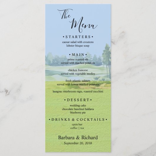 Menu Custom Watercolor Golf Theme Wedding (Devant)
