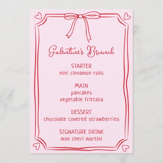 Menu Cute Galentine's Day Brunch Pink & Red Bow Me (Devant)