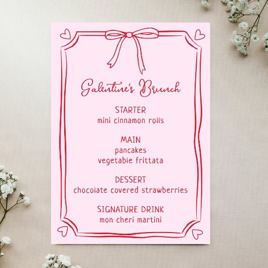 Menu Cute Galentine's Day Brunch Pink & Red Bow Me