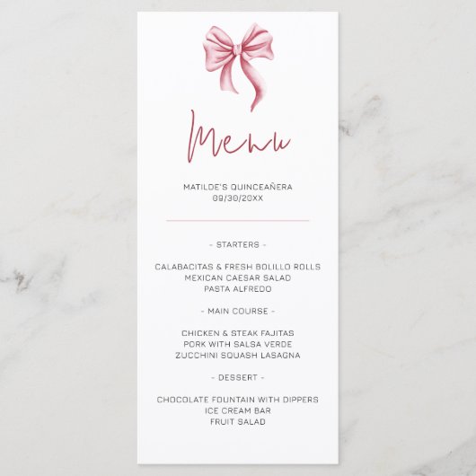 Menu Cute Rose Bow Quinceañera (Devant)