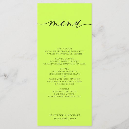 Menu Cyber Lime Jet Black Simple Script Wedding Dinner (Devant)