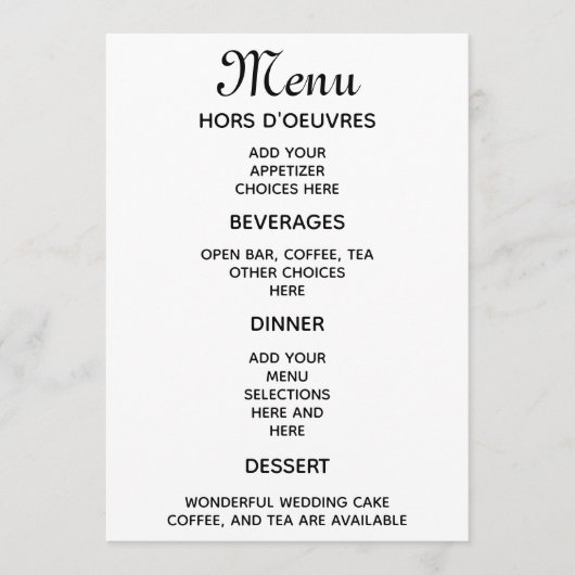Menu d'accueil de mariage simple (Devant)