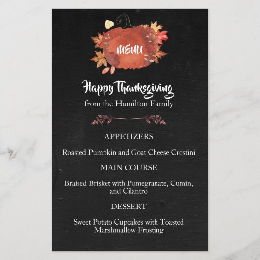 Menu d'action de grâce du Citrouille d'aquarelle p (Devant)