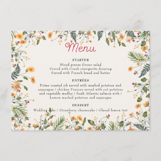 Menu Daffodiles botaniques Daisy Peony Flowers Mariage (Devant)