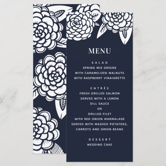 Menu Dahlia. Mariage moderne floral de la marine. Bleu (Devant / Derrière)