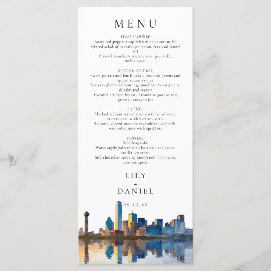 Menu Dallas Skyline Watercolor Destination Wedding (Devant)