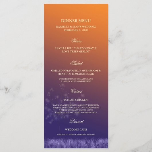 Menu Dandelions Sunset Ombre Dîner Mariage (Devant)