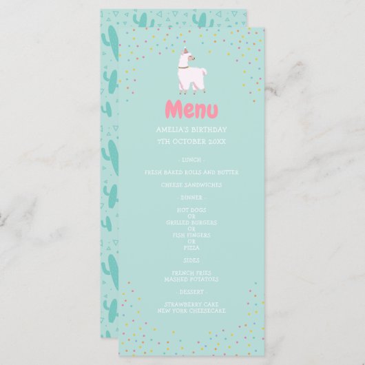 Menu d'anniversaire à thème Llama (Devant / Derrière)