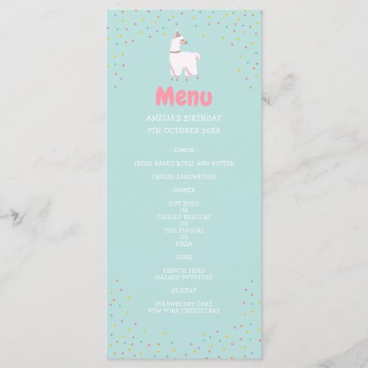 Menu d'anniversaire à thème Llama (Devant)