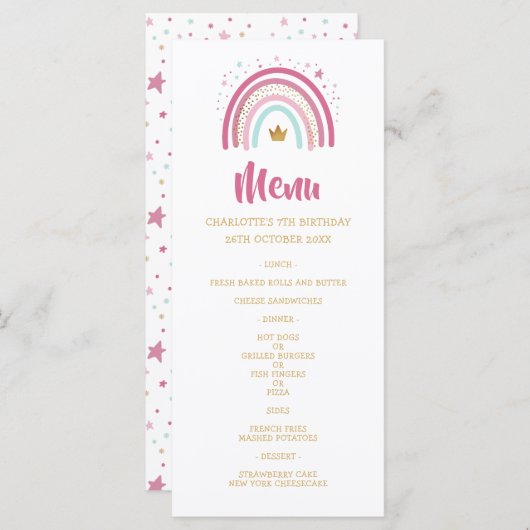 Menu d'anniversaire à thème Rainbow (Devant / Derrière)