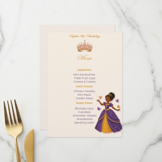 Menu d'anniversaire de princesse (Devant/Arrière en situation)