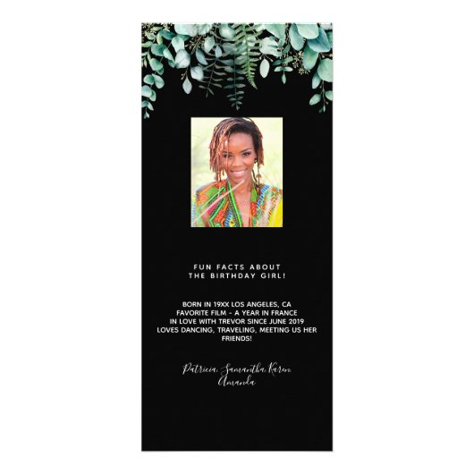 Menu d'anniversaire eucalyptus verdure photo faits (Dos)