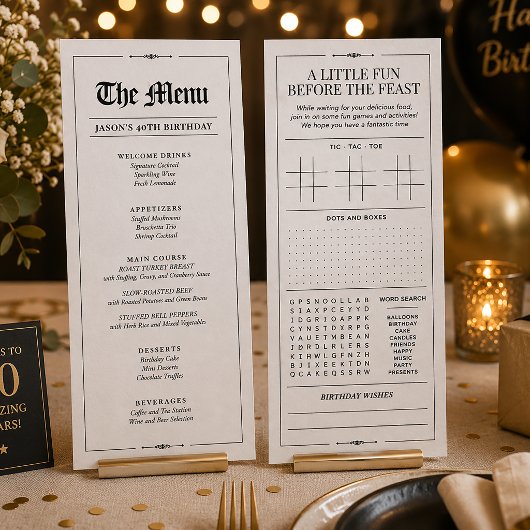 Menu d'anniversaire personnalisé, interactif noir 