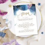 Menu d'aquarelle unique, élégant, à thème céleste<br><div class="desc">Dégustez vos invités avec ce magnifique menu à thème céleste avec de magnifiques taches d'aquarelle douce flottant et constellations célestes globe à la fois devant et derrière. Détails de calligraphie manuscrite moderne à la fois devant et derrière. Menu sur le devant et thème sur le dos avec votre nom(s), e...</div>