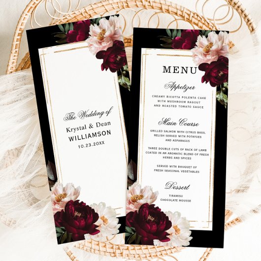 Menu Dark Moody Bourgogne Blush Floral Mariage or