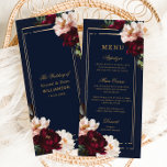 Menu Dark Moody Burgundy Blush Navy Blue Floral Mariage<br><div class="desc">Personnalisez cette élégante carte menu mince de mariage facilement et rapidement. Cliquez simplement sur le bouton Modifier à l'aide des outils de conception pour modifier le texte, modifier les polices et les couleurs des polices. Avec de belles fleurs de pivoines rousses réalistes bordeaux contre un arrière - plan bleu marine...</div>