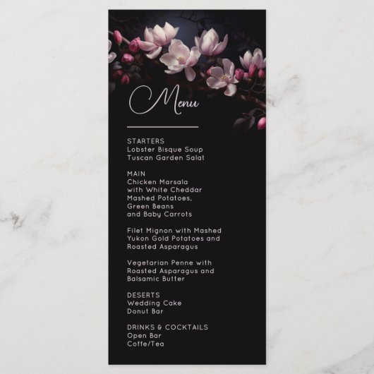 Menu Dark Moody Flowers Magnolia Wedding (Devant)