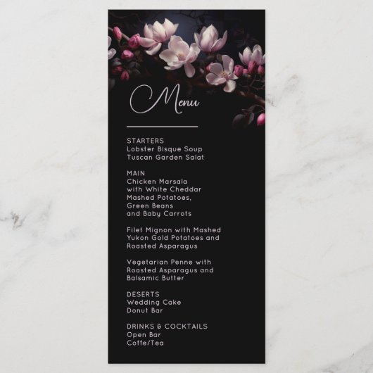 Menu Dark Moody Flowers Magnolia Wedding (Devant)