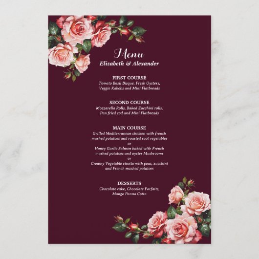 Menu Dark moody pink and red roses burgundy wedding (Devant)