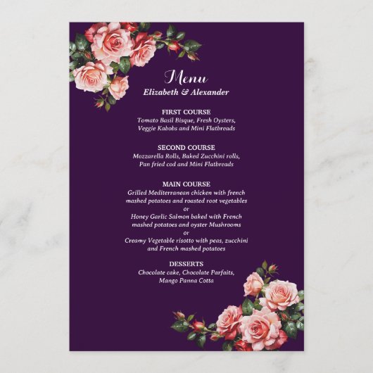 Menu Dark moody pink and red roses purple wedding (Devant)