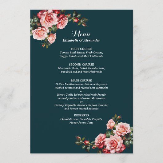 Menu Dark moody pink and red roses teal wedding (Devant)