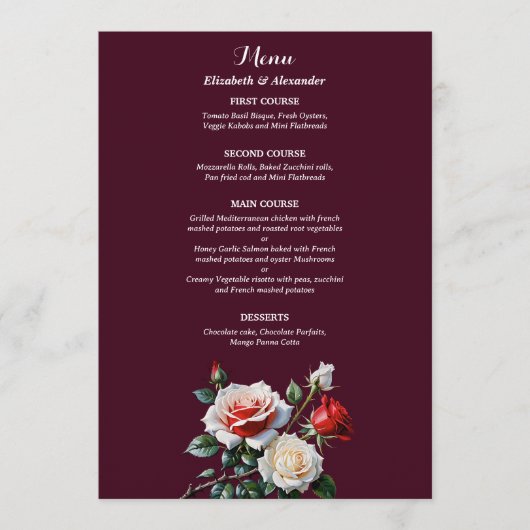 Menu Dark Pretty pink white red roses floral wedding  (Devant)