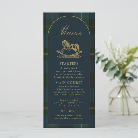 Menu de Baby Shower 4x9" Plaid Vert Classique (Debout devant)