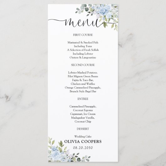 Menu de Baby Shower Botanique Bleu Clair (Devant)