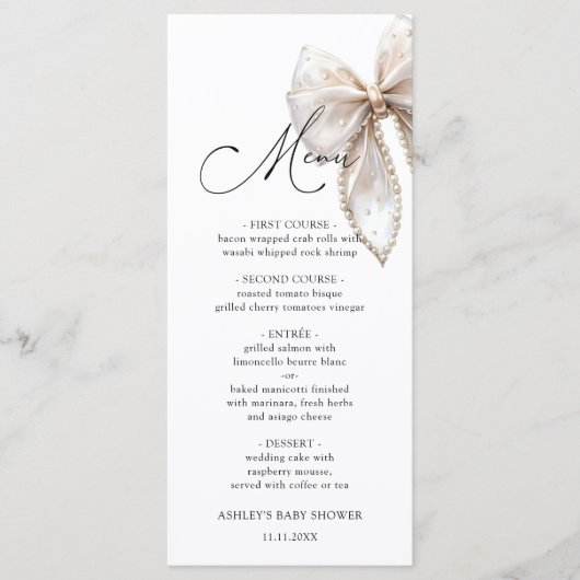 Menu de Baby Shower Elegant Bow (Devant)