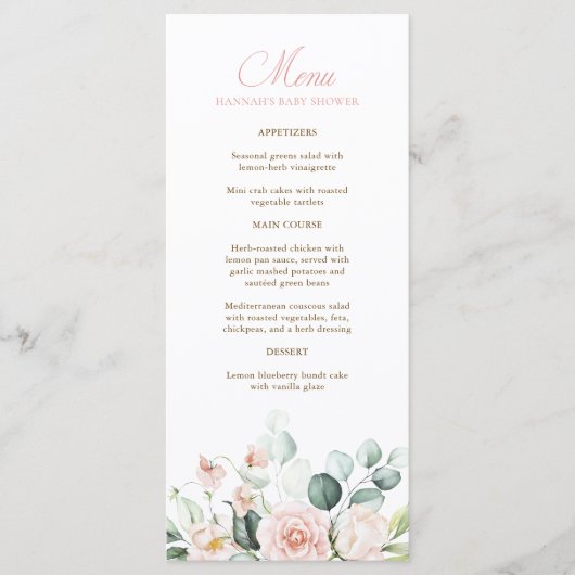 Menu de Baby Shower Fleurs Roses pour Bébé (Devant)