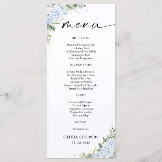 Menu de Baby Shower Floral Hydrangea Bleu (Devant)