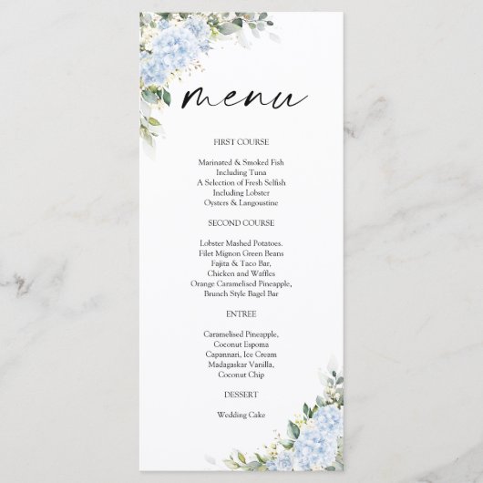 Menu de Baby Shower Floral Hydrangea Bleu (Devant)