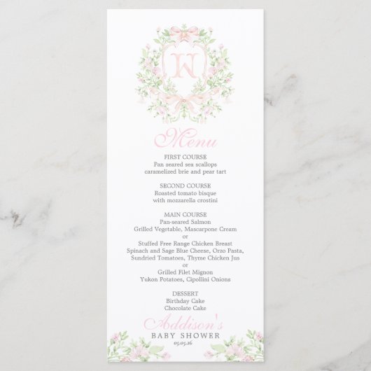 Menu de Baby Shower Preppy Crest (Devant)