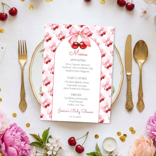 Menu de Baby Shower Rose Coquette Cerise