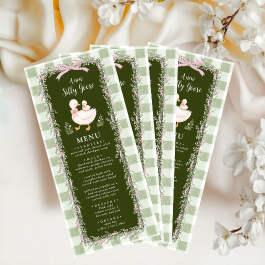 Menu de Baby Shower Sage Vert Silly Goose Gingham