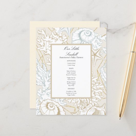 Menu de Baby Shower Thème Mer et Coquillages (Devant/Arrière en situation)
