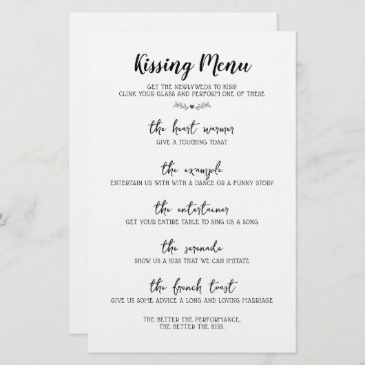 Menu de baiser mariage Calligraphie noir et blanc (Devant / Derrière)
