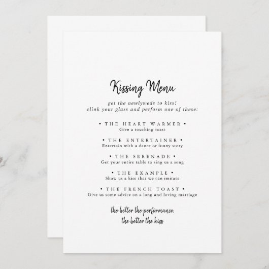 Menu de baiser Mariage moderne Carte de jeu (Devant / Derrière)