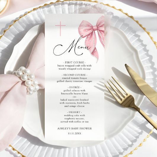 Menu de baptême à ruban rose élégant