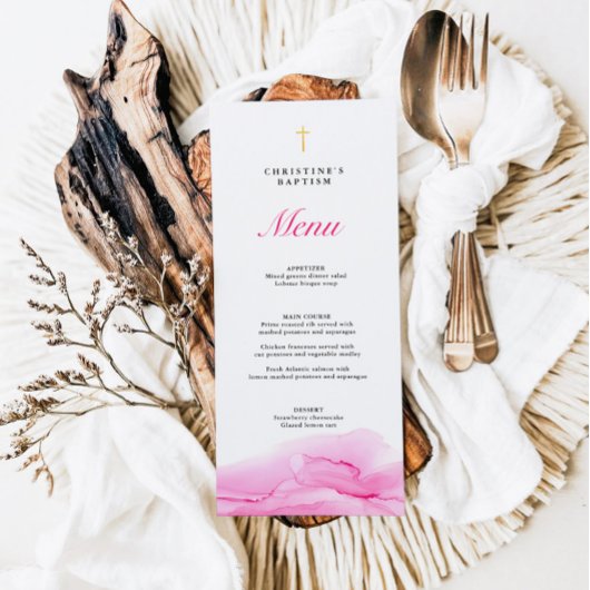Menu de baptême fille à l'encre alcoolique rose