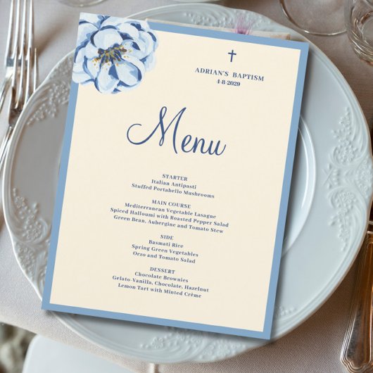 Menu de baptême pour bébé garçon à fleurs bleues b