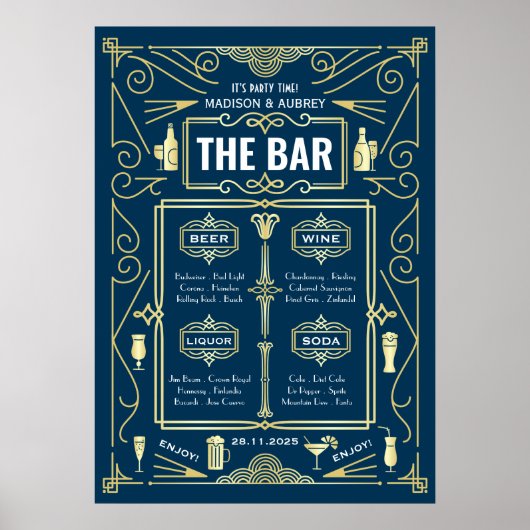 Menu de bar de mariage Art déco Vin Bière Alcool F (Devant)
