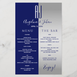 Menu de Bar de Mariage Élégant Bleu Nuit